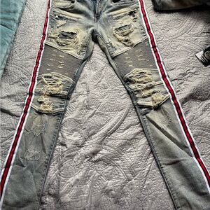 Red and Blue Skinny Jeans with Distressed Look and Sporty Side Stripes